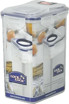 A collage of images showing a Lock & Lock food storage container filled with flour, with eggs and wheat stalks in the background.