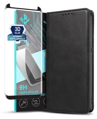 Produktbild von Handyhülle für Samsung Galaxy S9 mit 9H Displayglas Kunstleder Flip Cover Hülle Klapphülle Case Kartenfach Farbe: Schwarz