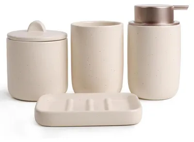 Immagine prodotto di Set da bagno in Vetroceramica, 4 pezzi, color kaki, cilindrico, composto da: dispenser per sapone, portasapone, bicchiere per lo spazzolino da denti, contenitore per Cotone fioc