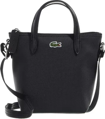 A black Lacoste handbag with a shoulder strap and handles, shown against a white background.