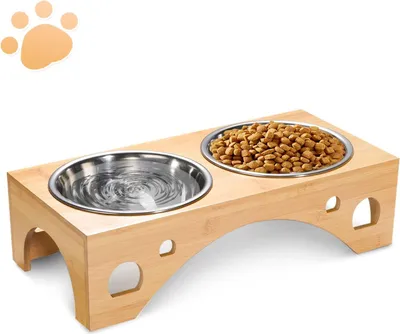 Produktbild von Famanu Futterstation für Hunde und Katzen - Edelstahl mit Bambusständer - Ø 17,5 cm