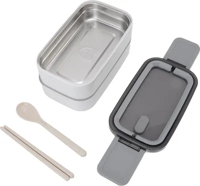 Image de Boîte à bento en acier inoxydable 304 micro-ondable avec baguettes et cuillère Boîte à lunch à double couche pour adultes Travail à deux divisions