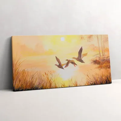 Produktbild von Kraniche bei Sonnenuntergang – Leinwandbild Wandbild – 100x50 cm – Leinwandbilder – Wandbilder – Schlafzimmer – Flur
