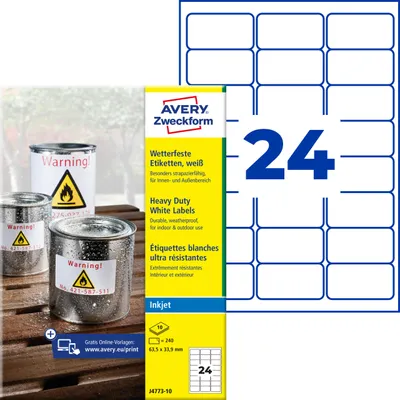 Produktbild von Avery Zweckform J4773-10, Wetterfeste Folien-Etiketten, A4, 63,5 x 33,9 mm, 240 Etiketten / 10 Bögen, weiß