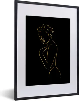 Produktbild von MuchoWow® Gerahmtes Poster Frau - Schwarz - Gold - Strichzeichnung 30x40 cm - Poster mit Schwarzem Bilderrahmen Wandposter Rahmen Foto Bilder - Wandposter Schlafzimmer