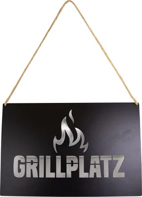 A black hanging sign with the word "GRILLPLATZ" and a flame graphic.