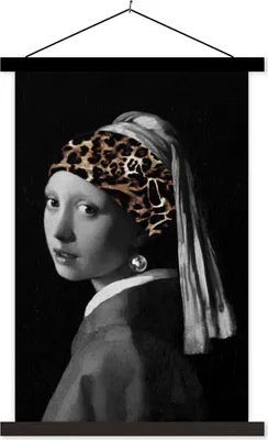 Produktbild von MuchoWow® Textilposter Das Mädchen mit dem Perlenohrring - Johannes Vermeer - Pantherdruck 60x90 cm mit schwarzem Rahmen - Poster Wohnzimmer
