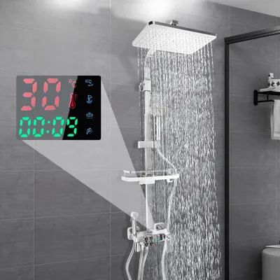 Obrázek produktu pro Dešťová sprcha Sprchová souprava Sprchový systém Sprchová armatura Termostatický sprchový sloup Dešťová sprcha Ruční sprcha s LCD displejem Stříbrná