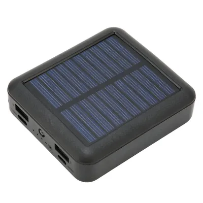 A black solar power bank with a blue solar panel on top, shown from a slightly elevated angle.
