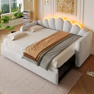 Obrázek produktu pro okwish Čalouněná rozkládací postel 90x200, dětská postel s výsuvným lůžkem, manželská postel s LED osvětlením a opěrkou, šedá (bez matrace)