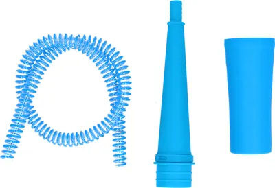 Three blue cleaning accessories are laid out on a white background.