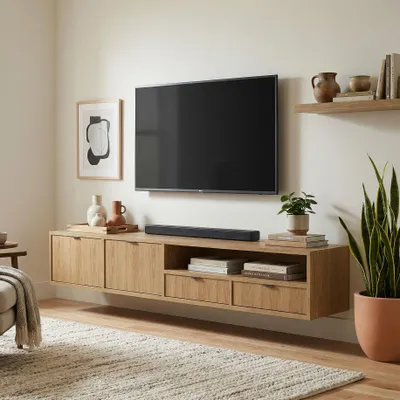 Produktbild von BEAUTYSOFA | Hängender TV-Schrank EVRON 200 cm, Fernseherschrank mit 2 Schubladen, 2 Türen und offener Ablage, Hikory Natur
