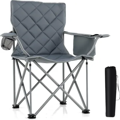 Image de Chaise de camping COSTWAY Pliable XXL 227kg, Chaise pliante rembourrée, Chaise de pêche surdimensionnée avec poche isotherme & porte-gobelet, Chaise pliante Gris