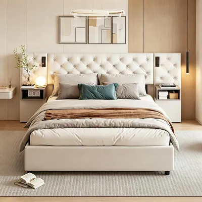 Immagine prodotto di Letto imbottito INONEFT 160x200, letto per ragazzi con testiera contenitore dotata di porte USB e Type-C, letto con sistema di sollevamento idraulico e illuminazione LED, letto con rete a doghe e spazio contenitore, rivestito in velluto, colore beige.