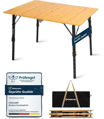 Image de Table de camping en bambou, pliante, avec réglage de la hauteur, dimensions 100x70 cm, capacité de charge de 80 kg