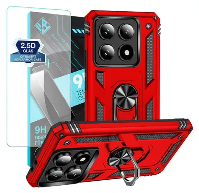 Produktbild von Armor Outdoor Handyhülle für Xiaomi 14T Pro Handy Panzer Case Schutzhülle mit 9H Displayglas Displayschutz Farbe: Rot