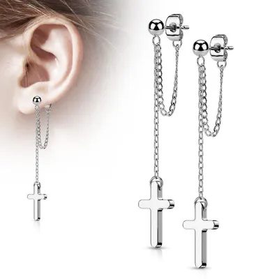 Produktbild von Kreuz Ohrstecker hängend: Edelstahl Ohrhänger mit Kette Silber
