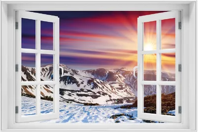 Produktbild von Wallario Wandbild mit Fenster-Illusion: Farbenfroher Sonnenuntergang im Winter - Schnee in den Bergen, Größe: 61 x 91,5 cm, Poster mit weißem Aluminiumrahmen