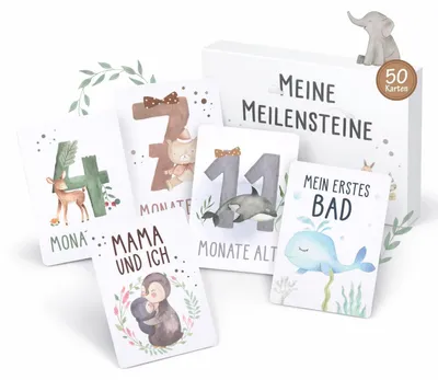 Image de Cartes de repères pour bébé, idéales pour les photos, format DIN A6, lot de 50 cartes, avec boîte cadeau, parfaites pour les nouveau-nés, les fêtes pour bébés et les naissances