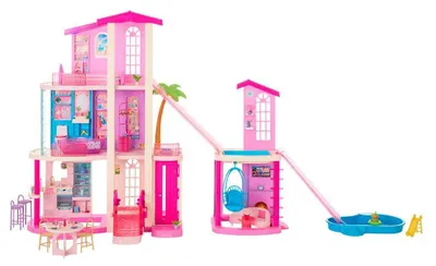 Produktbild von Barbie Traumvilla-Puppenhaus, 2 Pools, 2 Rutschen, 2 Häuser, Aufzug für alle drei Etagen und über 65 Zubehörteile einschließlich Möbel und Accessoires, 3 Jahr(e), Batterien erforderlich, Montage erforderlich