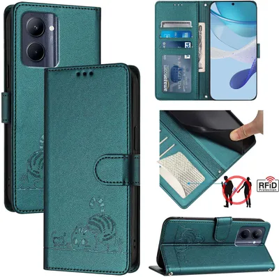 Produktbild von Leder Hülle für Realme C33 / C33 2023 Süße Katze Flip Case Brieftasche Schutzhülle mit Standfunktion Grün