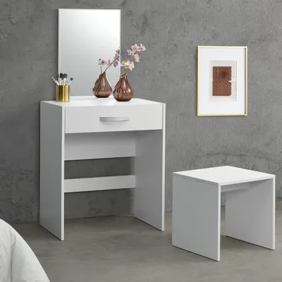 Zdjęcie produktu dla Toaletka z półką - Mebel do makijażu - Półka do przechowywania biżuterii - Z szufladą - 132x63x39 cm - Biała