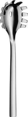 A stainless steel spaghetti server with a hole in the center of the bowl and tines for gripping pasta.