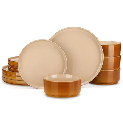Image de Service de table en faïence, service combiné vancasso 12 pièces, ensemble comprenant des assiettes plates, des assiettes à dessert et un saladier, pour 4 personnes, marron