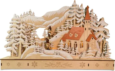 Produktbild von Riffelmacher Kirche mit Schlittenbahn mit LED aus Holz 44 x 8 x 29 cm