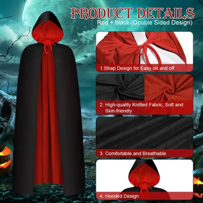Obrázok produktu pre Uni kapucňa-plášť, obojstranná, čierna a červená, univerzálna veľkosť, vhodná na Halloween