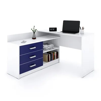 Produktbild von Marlux-Meble Alto Schreibtisch mit Schubladen 3 und 2 Regalen (Blau Matt 131x120x76 cm)