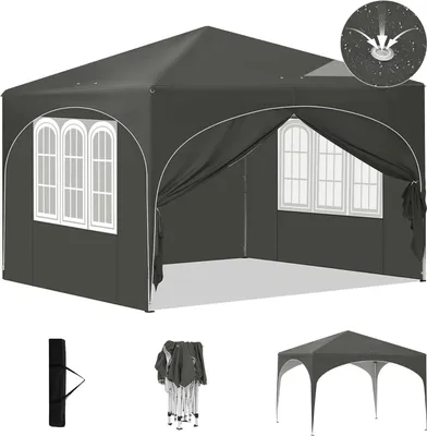 A dark gray pop-up gazebo tent is shown from a slightly elevated front-side angle, with its entrance open. Below the main tent image are three smaller images: a folded tent in a bag, a collapsed tent frame, and a smaller, simpler gazebo tent.