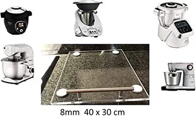 A collage of kitchen appliances and a glass cutting board with a handle.