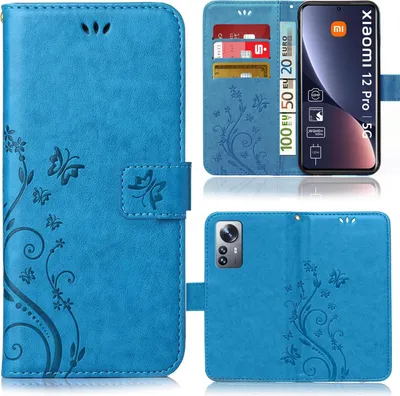 Produktbild von Handy Tasche für Xiaomi 12 Pro Schutz Hülle Handyhülle mit Blumenmuster Klapp Hülle mit Standfunktion und Kartenfächer Blau