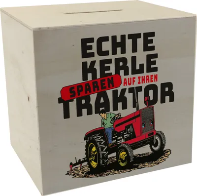 Produktbild von Echte Kerle sparen auf ihren Traktor Spardose aus Holz für Landwirte in grau