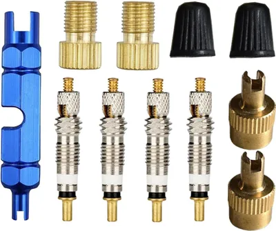Produktbild von Presta Ventileinsatz Set 11 Stück Fahrradventil-Adapter, Ventilbolzen, Ventilschlüssel und Schutzkappen für Fahrräder und Mountainbikes