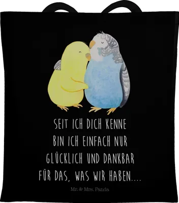 Produktbild von Mr. & Mrs. Panda Tote Bag Wellensittich Liebe - Schwarz - Geschenk, Freundin, Shopping Tasche, Einkaufstasche, Jutebeutel, Verknallt, Beutel, Kuscheln, Umarmung