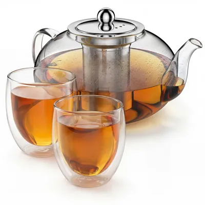 Produktbild von Arendo Teekanne Glas 1,2 l in runder Form, Edelstahlsieb und 2 Thermogläsern 350 ml, doppelwandige Gläser ohne Henkel, Glaskanne, Teeset, 4 Teile, transparent-silber