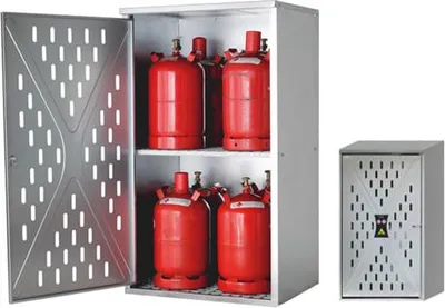 Produktbild von Gasflaschenschrank, Flaschenschrank, für 5 kg, 11 kg oder 33 kg Propangas, Flüssiggas, Rückwand, Bodenrost, Zwischenrost, 1.500 x 840 x 690 mm (HxBxT)