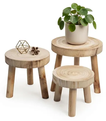 Produktbild von Holz Blumenhocker mit 3 Beinen natur 3er Set  - 32 / 26 / 22 cm - Massivholz Deko Pflanzenständer rund