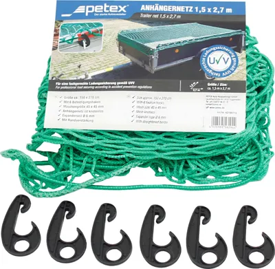 Produktbild von Anhängernetz/ Ladungsnetz 1,5 x 2,7 m, grün mit Befestigungshaken von PETEX