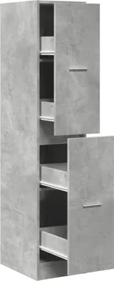 A tall, narrow cabinet with two doors and multiple drawers, shown against a white background.