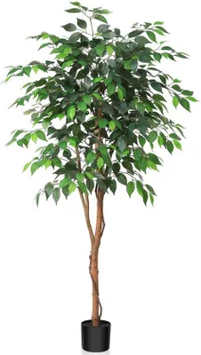 Produktbild von Unyqoos® Künstliche Ficus Benjamina 150 cm – realistische Kunstpflanze mit Holzstamm, Seiden-/Polyesterblättern, schwarzem Topf für Wohnzimmer & Büro