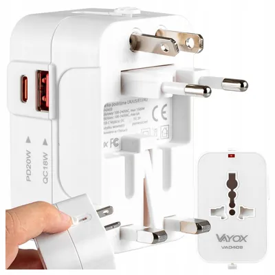 Obrázek produktu pro Univerzální cestovní adaptér Vayox All-in-One - cestovní adaptér do zásuvky USB-A, USB-C (PD20W), 100-240V 6A, 1500W, bílý