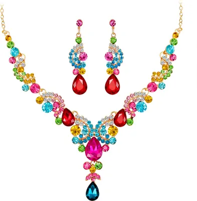 Produktbild von 1 Set Schmuckset Halskette Ohrringe r Strass Exquisite funkelnde farblich passende Anhänger Halskette Lange hängende Ohrringe Braut Hals Ohr Dekoration Schmuck