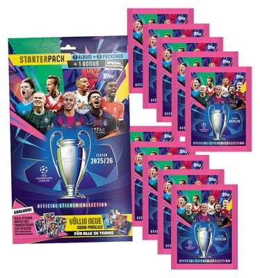 Zdjęcie produktu dla Topps – Liga Mistrzów 2025/2026 – naklejki kolekcjonerskie – 1 zestaw startowy + 10 torebek