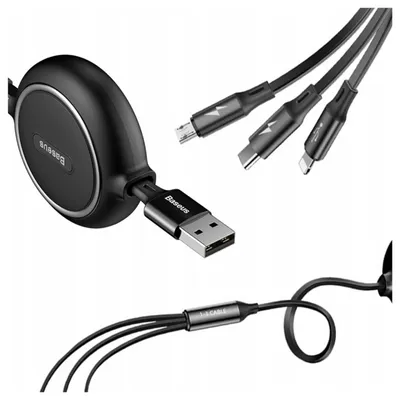Produktbild von BASEUS einziehbares Kabel 3in1 USB A zu Micro USB / Lightning / Typ C 3,5A CAMLT-JH01 1,2 m schwarz