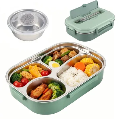 Edelstahl Lunchbox 4-Fach grün 1500 ml mit Besteck