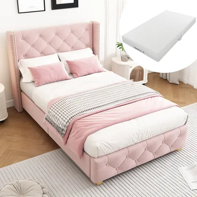 Produktbild von okwish Polsterbett Einzelbett 90×200cm mit Lattenrost und Kopfteil, Knopfpolsterung, Nietenpolsterung, Samt, Rosa(Mit Matratze)