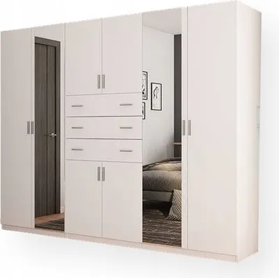Zdjęcie produktu dla Meblast | Szafa 270x210 cm z 2 lustrami - Biały - Szafa z półkami, szufladami i drążkiem na ubrania | Elegancki styl